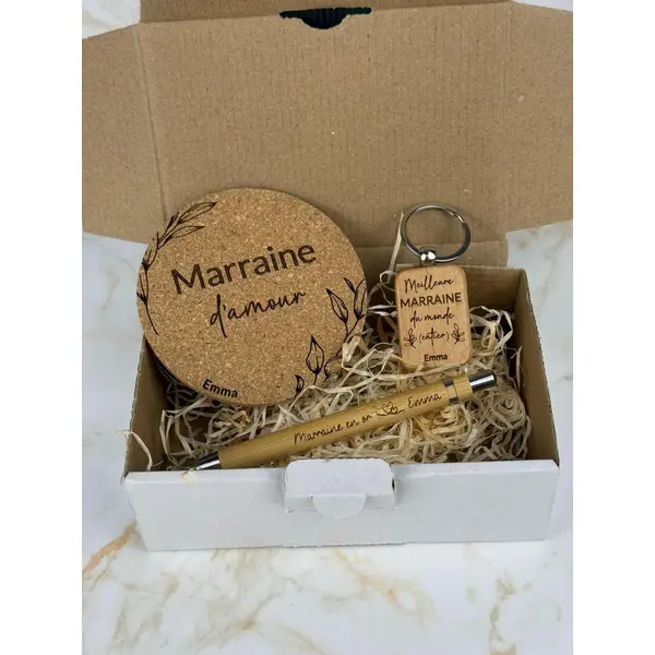 Coffret cadeau personnalisé - dessous de verre, stylo, porte-clés - cadeau parrain, marraine, fête des pères, fête des mères