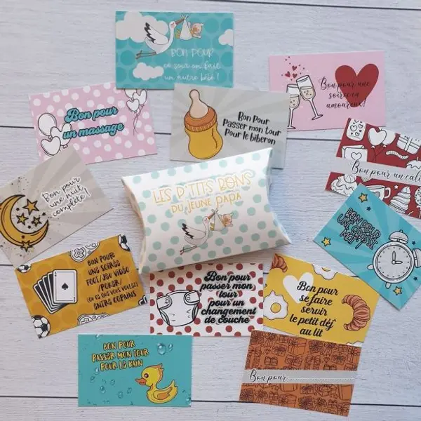 Lot de 12 bons pour jeune papa ou maman - Cadeau original - Boîte à papa