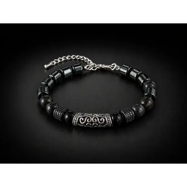 Bracelet ajustable masculin homme aventurier chic perle noire ronde forme tonneau pierre hématite naturelle perle centrale gravée