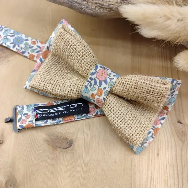 Noeud papillon en toile de jute et coton fleuri bleu, terracotta et rose - pochette costume, boutons de manchette - mariage champêtre