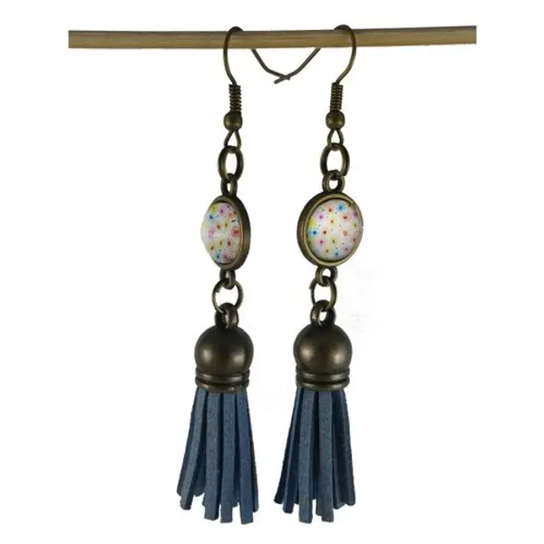 Boucles d'oreilles fleurs multicolores et pompon simili cuir bleu