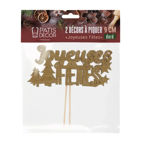 Décors sur pique "Joyeuses Fêtes" dorés (x2)
