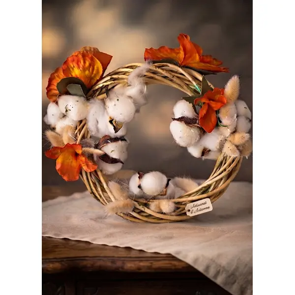 Couronne bohème osier, coton et coquelicots orange - fait main