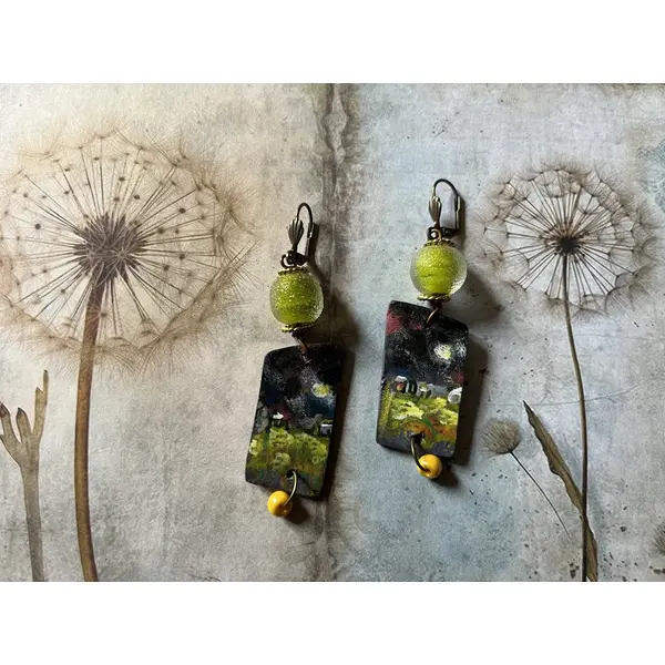 Soir d’orage, boucles d’oreilles série mini tableaux, création artisanale unique