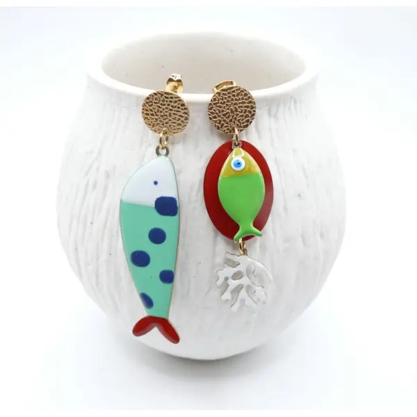Boucles d’oreilles asymétrique acier inoxydable 18k – pop art poisson et corail, fleursdeki
