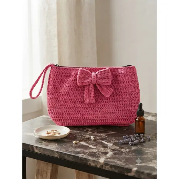 Trousse de maquillage au crochet rose avec nœud, trousse de toilette zippée en coton, fait main