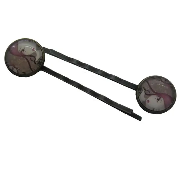 Lot de 2 barrettes en métal couleur bronze et cabochon petite fille rose