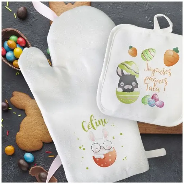 Manique + gant de cuisine personnalisés motif Pâques