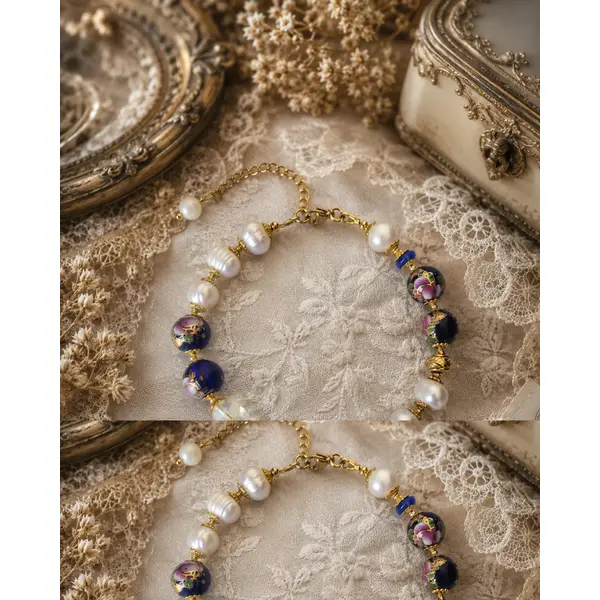Bracelet femme ajustable intemporel romantique bohème vintage chic véritable perle culture eau douce blanche perle bleue marine fleurie