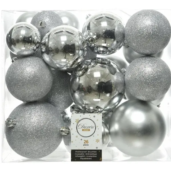 26 Boules de Noël classiques argent plastique