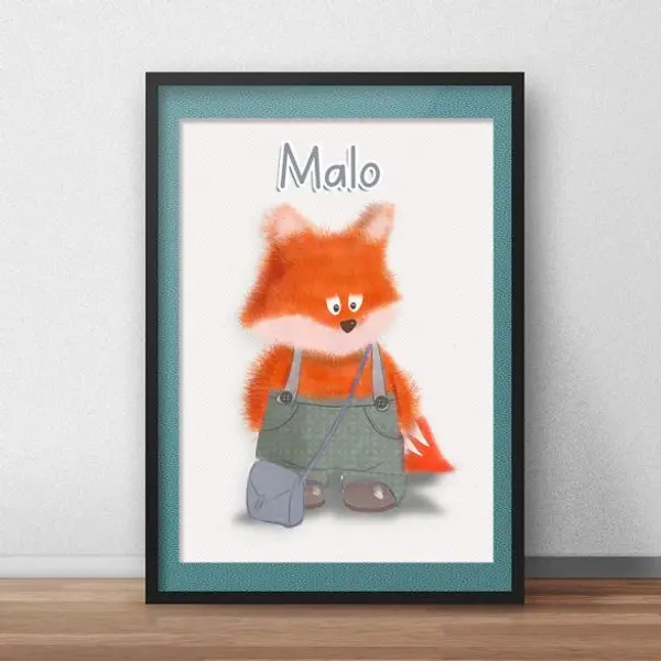 Affiche renard tout doux personnalisée pour chambre d’enfant avec prénom