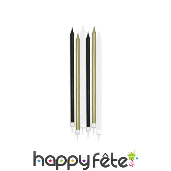 6 bougies noir blanc or de 15cm, mattes