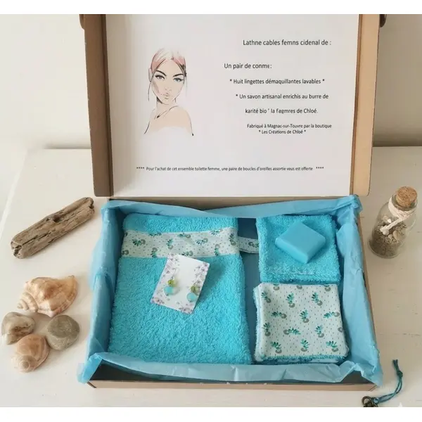 Box gant de toilette et 8 lingettes couleur bleu