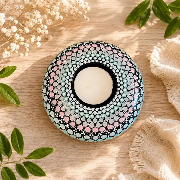 Bougeoir mandala bleu, rose & fuchsia en plâtre résine – peint à la main