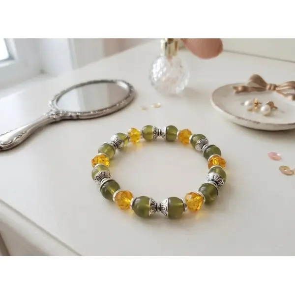 Bracelet perles en verre vert olive et orange