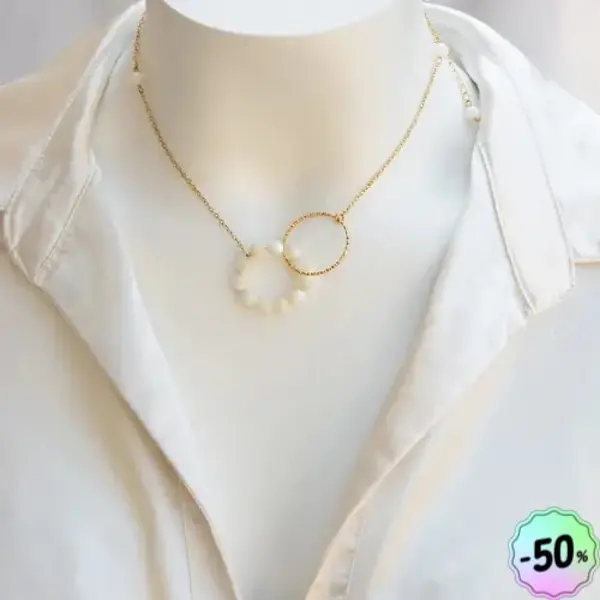 Collier "naveya" code : destock50 acier 316l et nacre 38 cm bijoux femme assembler mains (a807)