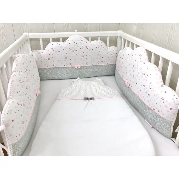 Tour de lit bébé en 3 nuages de 60cm large, blanc rose et gris. promotion
