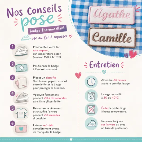 Badge thermocollant brodé pour tablier blouse école