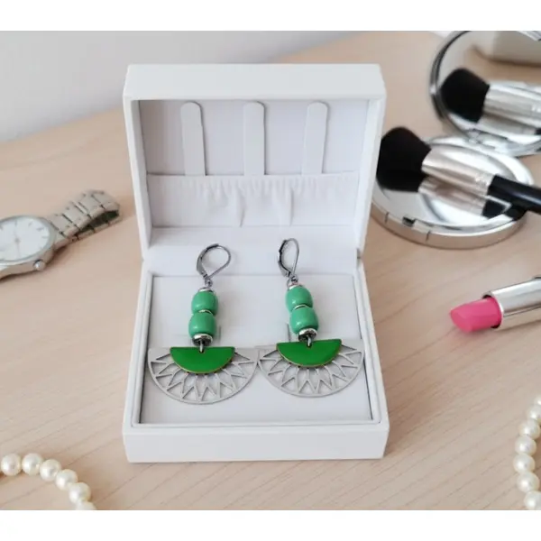 Boucles d'oreilles acier inoxydable et sequin émail vert