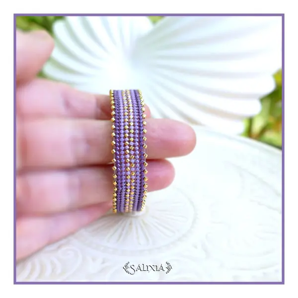 Bracelet tissé à l'aiguille perles de verre japonaises violet et dorées fermoir acier inoxydable doré or fin 18 carats (#bc531)