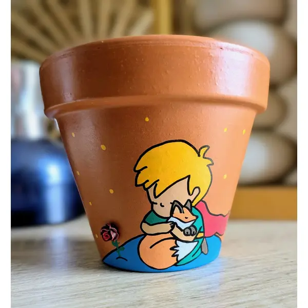 Pot en terre cuite illustration fait-main le petit prince et son renard