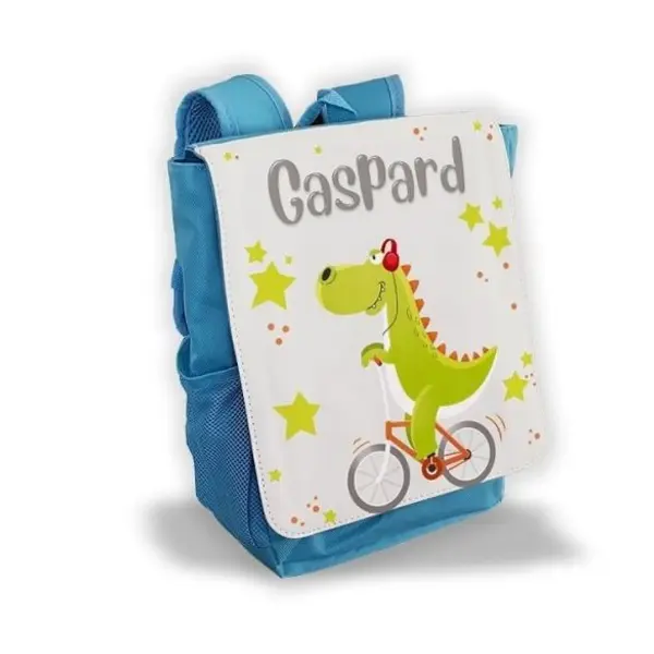 Sac à dos pour enfant personnalisé avec prénom modèle Dino à vélo