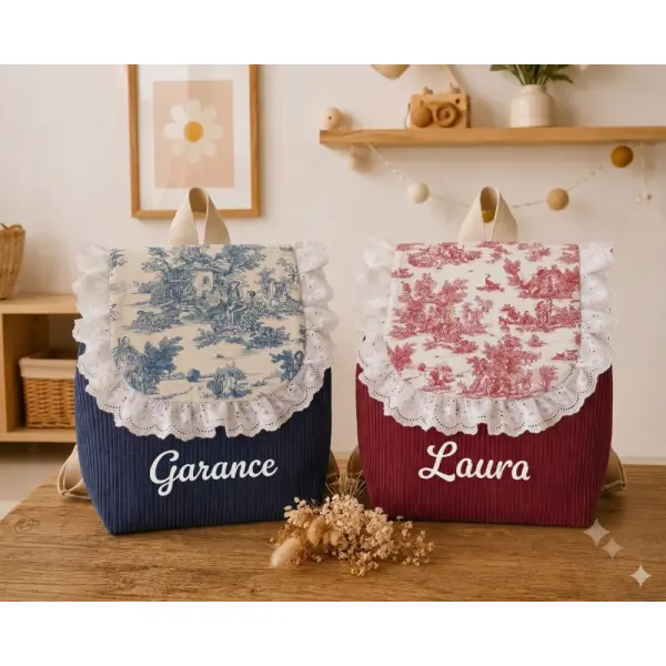 Sac à dos enfant maternelle personnalisé – velours côtelé & motif toile de jouy