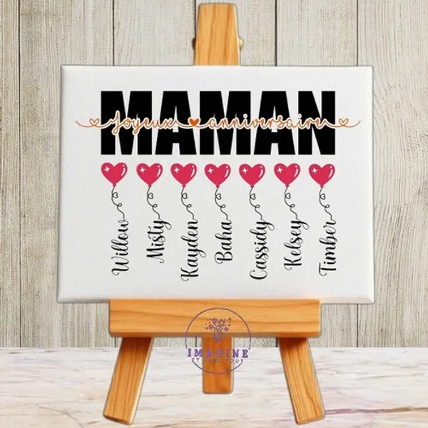 Tableau mural - sublimation - impression infusible ink - toile - canvas - anniversaire - maman - prénoms enfants - ballons - cœurs