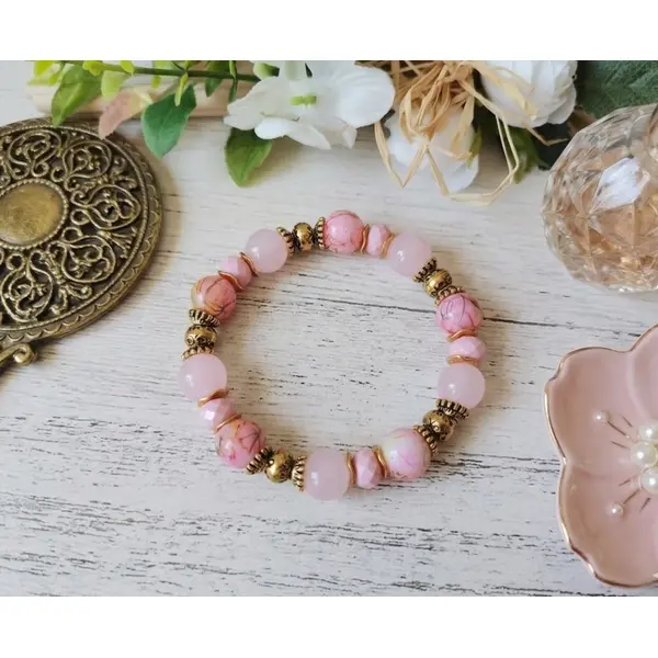 Bracelet perles en verre imitation jade rose