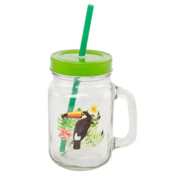 Mason Jar Toucan Vert avec Coucle et Paille