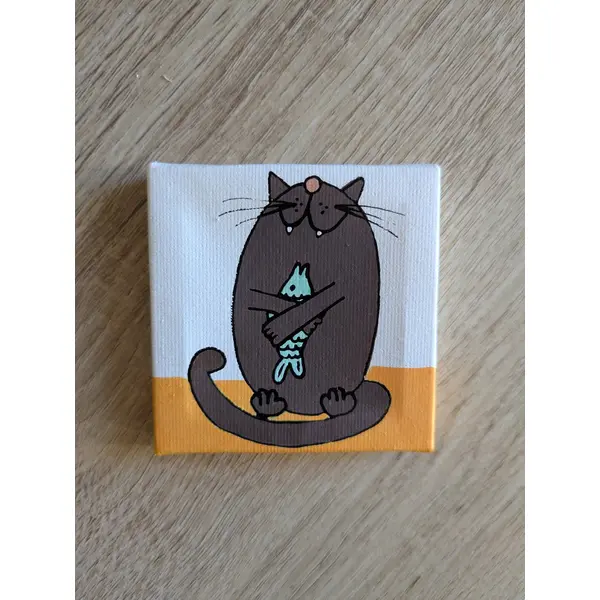 Mini toile sur chevalet en bois chat poisson d'avril