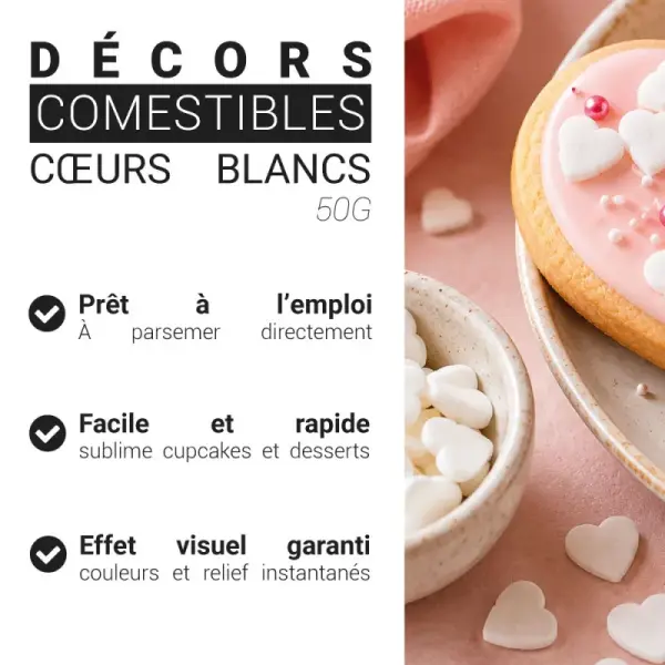 Décors comestibles cœurs blancs 50 g