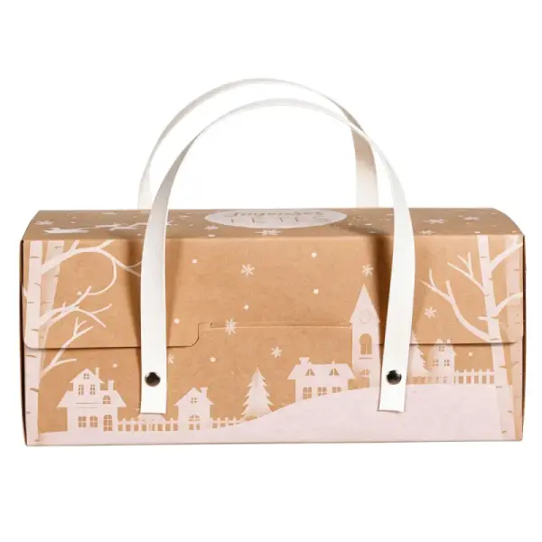 Boîte à bûche kraft à poignées décor village - 25 x 11 x 11 cm