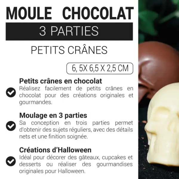 Moule chocolat en 3 parties petits crânes