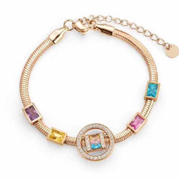 Bracelet femme acier inoxydable doré rose, maille serpent, cristaux polychromes, bracelet ajustable