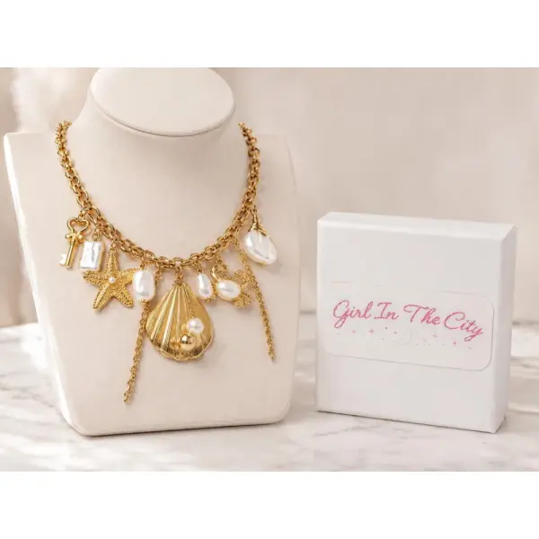 Collier à breloques chunky | collier doré à breloques médaillons perles – collier d’été, bijou de plage chic, acier inoxydable