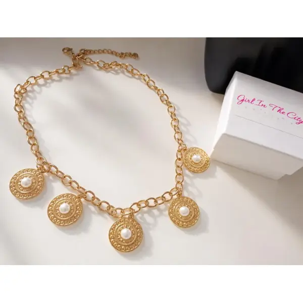 Collier à breloques chunky | collier doré à breloques médaillons perles – collier d’été, bijou de plage chic, acier inoxydable