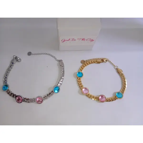 Bracelet doré ou argenté acier inoxydable, gourmette chic avec cristaux turquoise et rose, bijou élégant ajustable