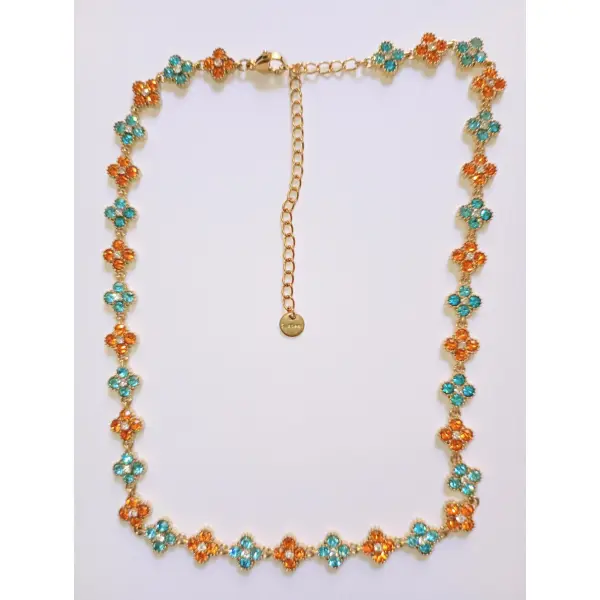 Collier trèfles ambre et turquoise scintillant . collier princesse acier inoxydable | bijou femme - idée cadeau