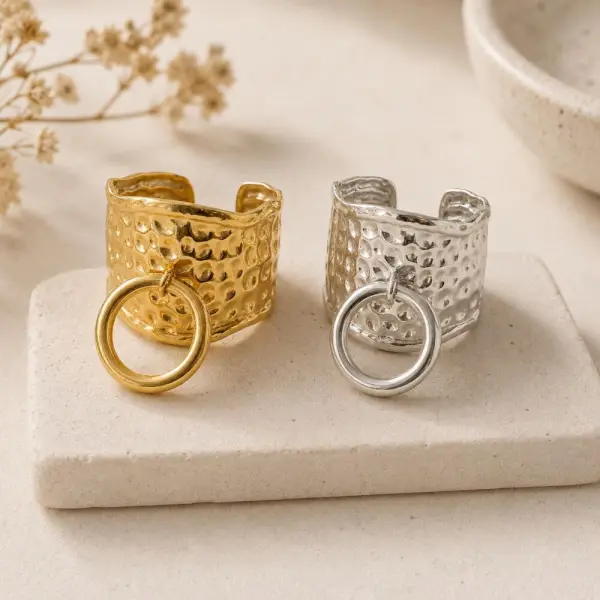 Bague breloque rond ajustable, acier inoxydable doré et argenté