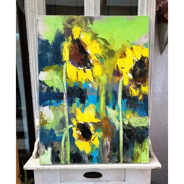 Peinture florale-tournesols - huile au couteau toile de lin sur châssis.. : "sorties de rêve"