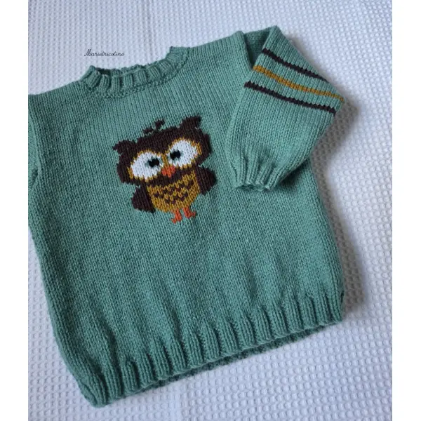 Pull bébé vert motif hibou 12 mois tricoté main