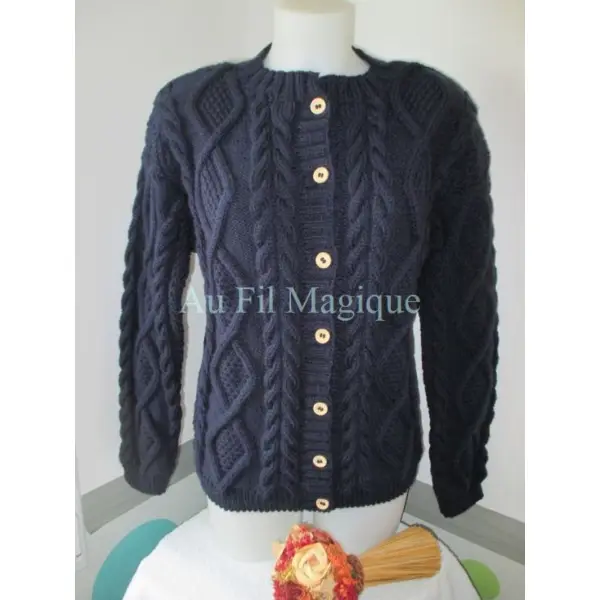 Veste irlandaise tricot fait-main taille 44 couleur marine