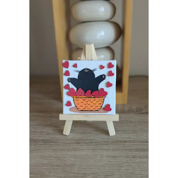 Mini toile sur chevalet en bois chat noir d'amour de cœur