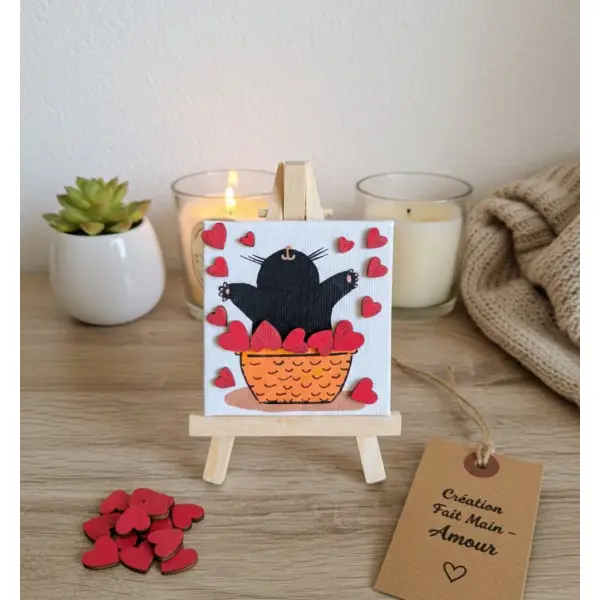 Mini toile sur chevalet en bois chat noir d'amour de cœur