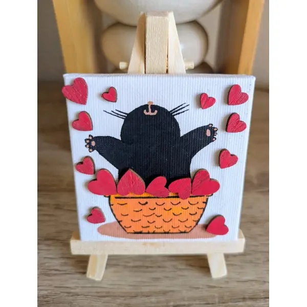 Mini toile sur chevalet en bois chat noir d'amour de cœur