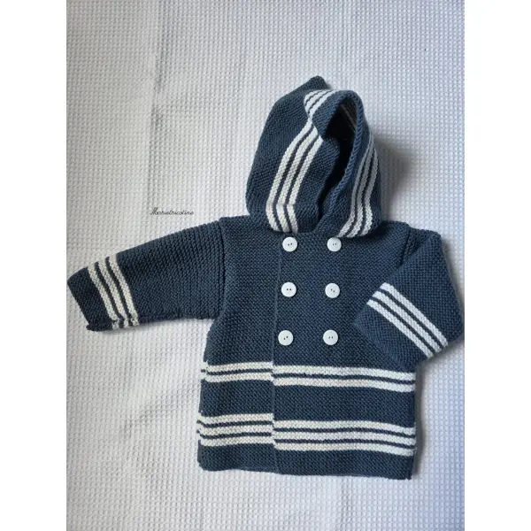 Manteau bébé croisé à capuche vert canard 6 mois tricoté main laine fonty
