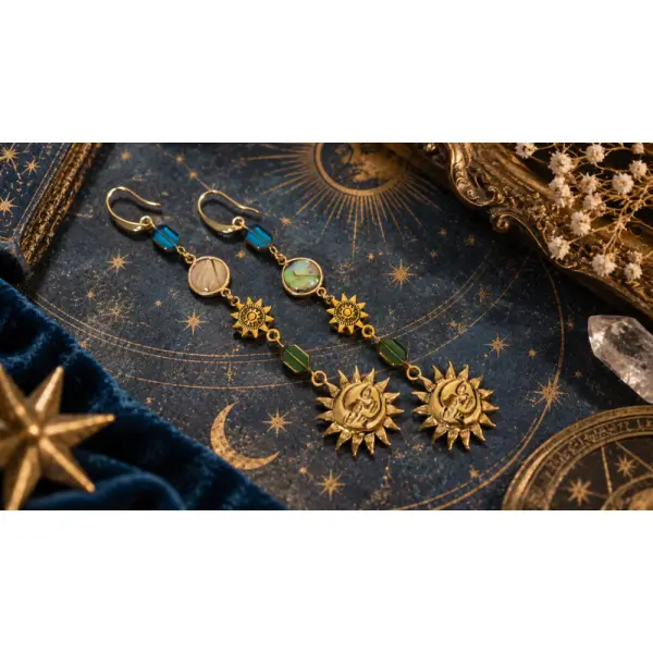 Boucle d'oreille femme pendante thème astral lune soleil astronomie perle bleue verte cabochon brillant ciel étoile double soleil doré