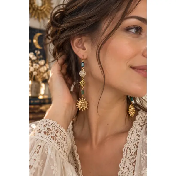 Boucle d'oreille femme pendante thème astral lune soleil astronomie perle bleue verte cabochon brillant ciel étoile double soleil doré
