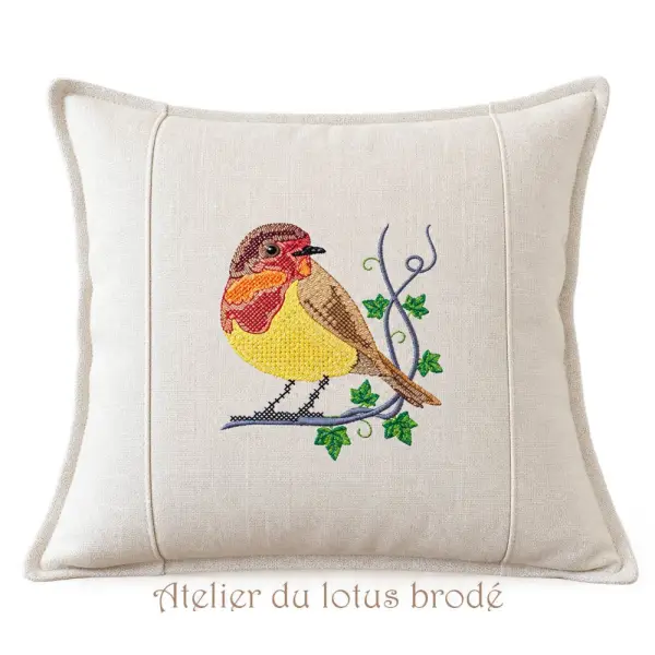 Housse de coussin brodée- oiseau coloré sur une branche de lierre-40*40cm